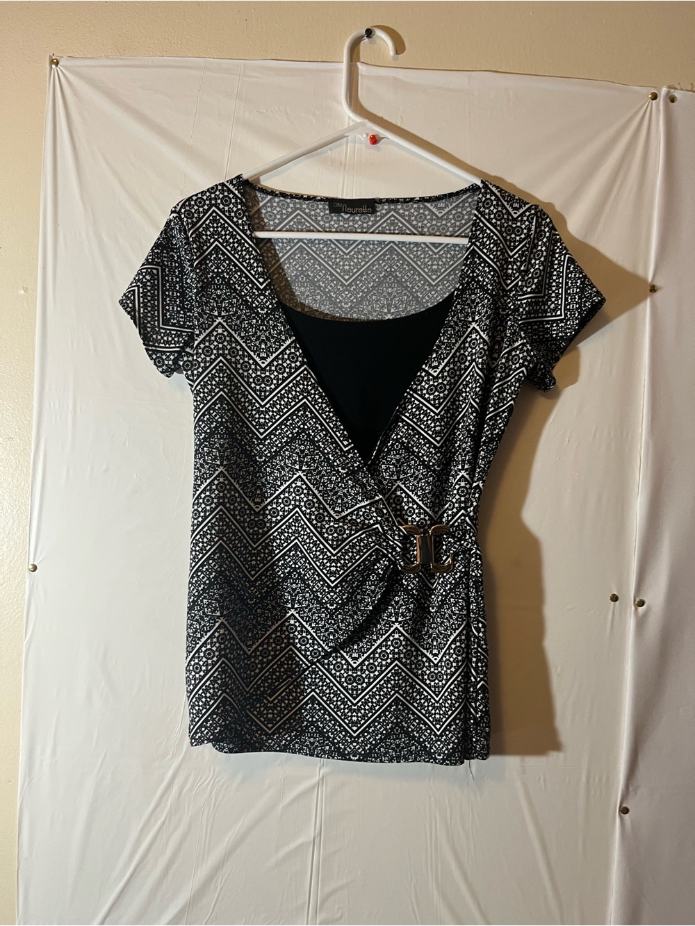 Apt. 9 Black and White Geometric Faux-Wrap Top with Buckle Accent